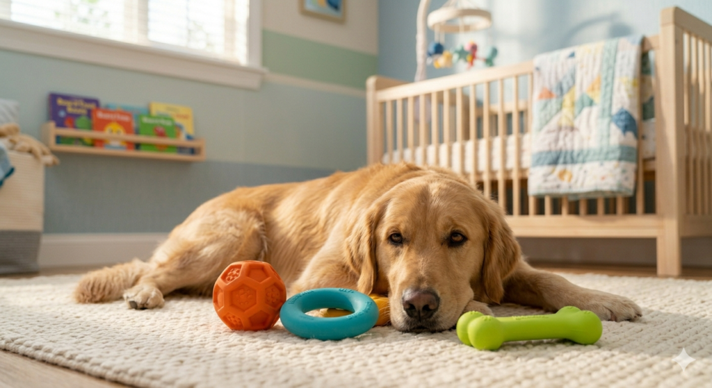 Safe natural food-grade rubber dog toys for families with crawling infants.