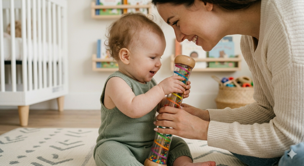 Mother and infant bonding over interactive sensory toys for babies at home.