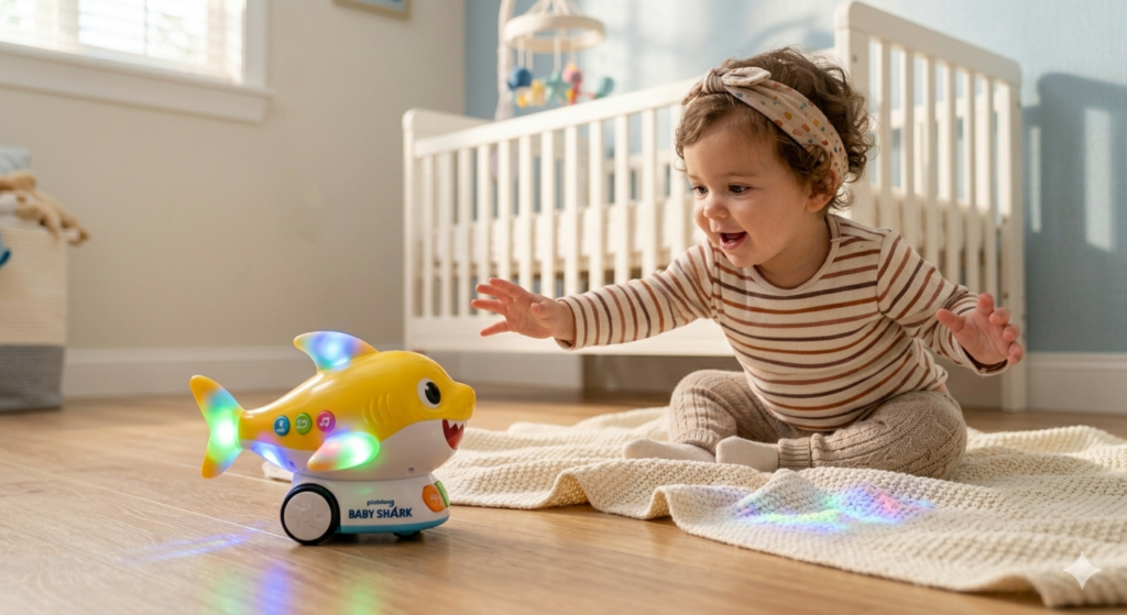 Interactive dancing baby shark toy encouraging crawling and motor skills.