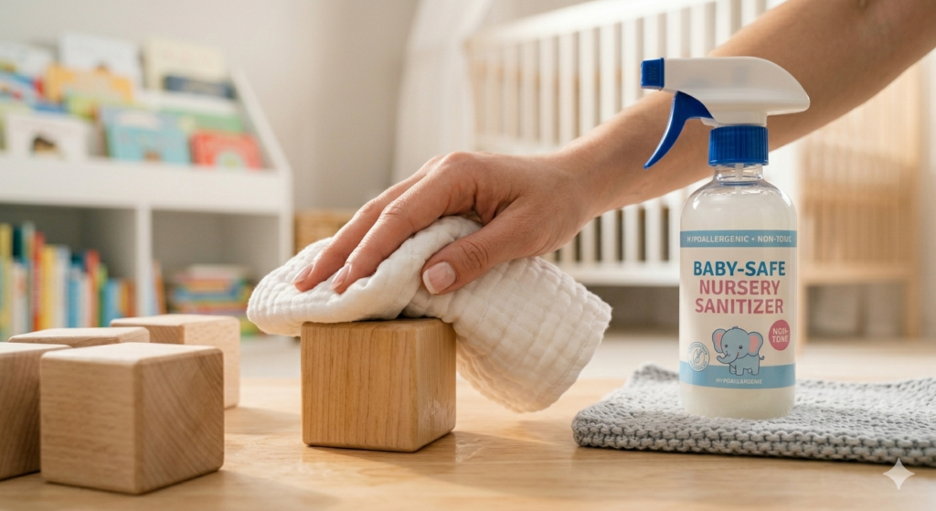 Safe cleaning and maintenance of non-toxic baby development toys.