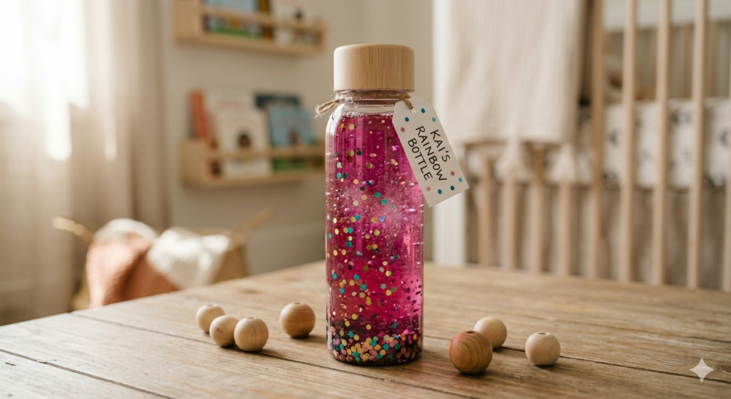 DIY sensory toys for babies using glitter and glycerin for visual tracking and focus.