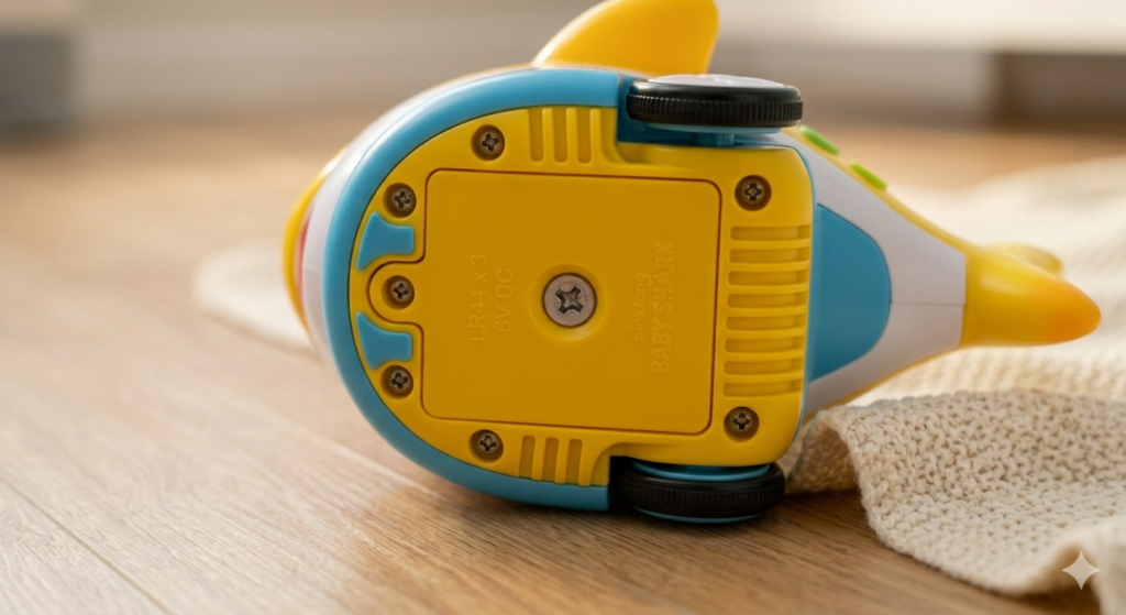 Safety-first battery compartment on a baby shark toy secured with metal screws.