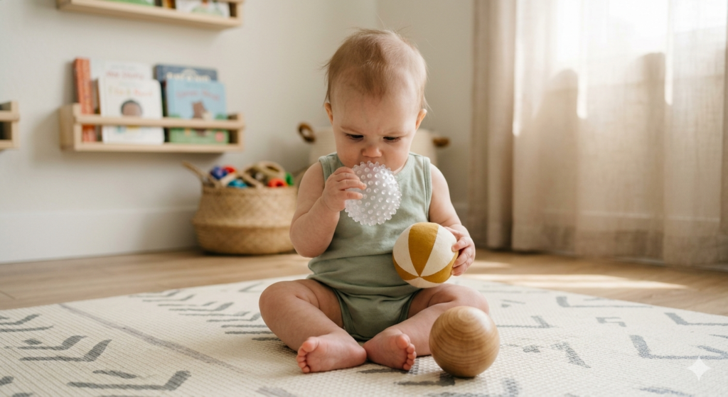 Infant exploring textured sensory toys for babies 6-12 months to stimulate tactile brain development.