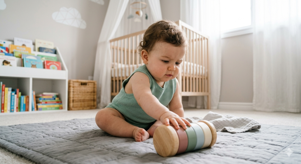 Infant exploring wooden baby development toys to improve motor skills and encourage crawling.