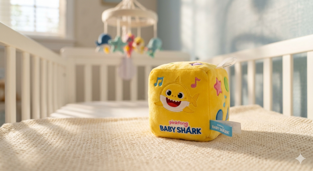 A soft musical yellow baby shark toy for infant sensory development.