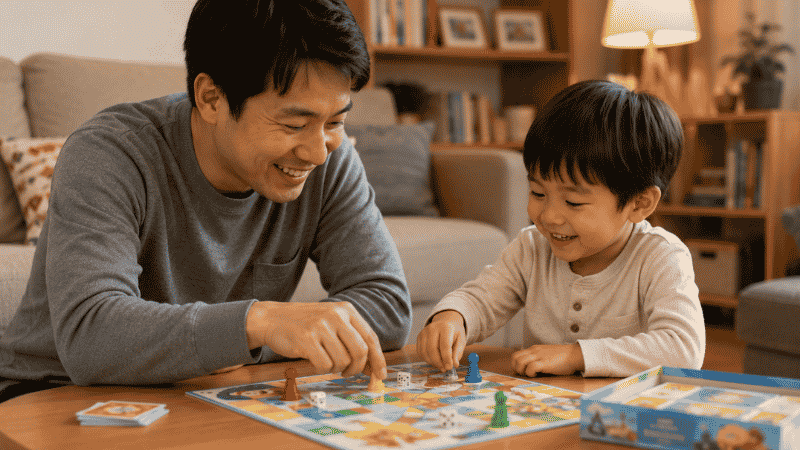 A parent and 4-year-old child playing a colorful cooperative board game together at a low coffee table
