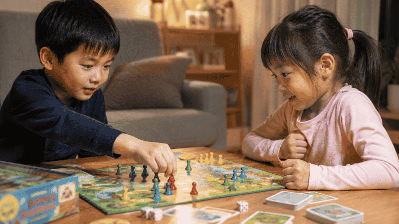 Two 5-year-old children playing a colorful competitive board game together at a low table with focused expressions