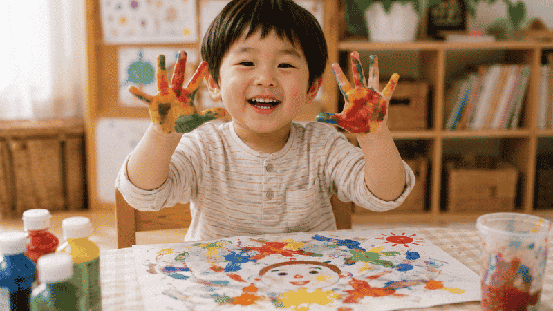 A 3-year-old child with paint-covered hands proudly showing a colorful finger-painted artwork at a small table
