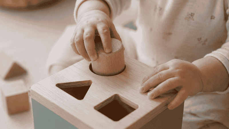 Toddler hands placing a wooden shape into a shape sorter, developing fine motor skills at 1 year old