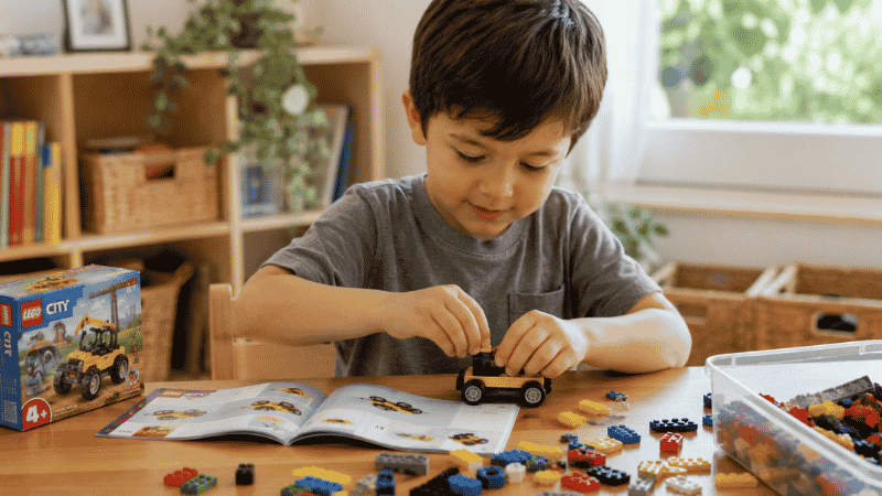A 4-year-old child carefully building a LEGO set at a small table, following the instruction booklet with focus and concentration