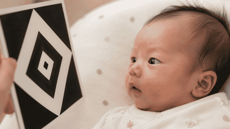 Newborn baby focusing on a bold black and white high-contrast card held close to their face for visual sensory development