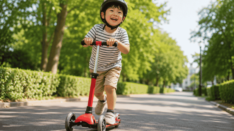 A 3-year-old child confidently riding a three-wheel scooter outdoors on a sunny day wearing a helmet