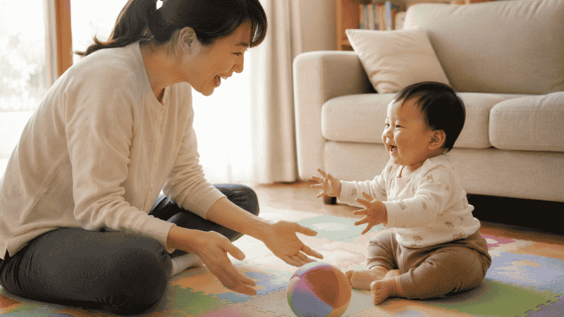 Mother and one-year-old baby playing together on a play mat, rolling a soft ball back and forth to build language and bonding