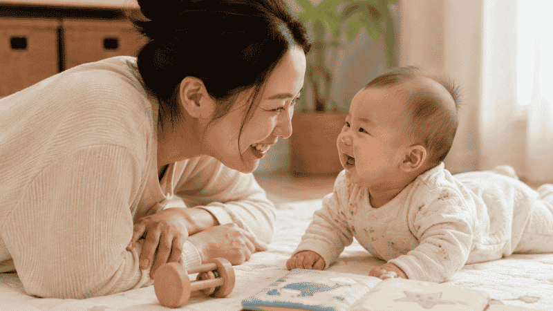 A mother lying face to face with her 6-month-old baby on a play mat, engaging in sensory play and bonding interaction