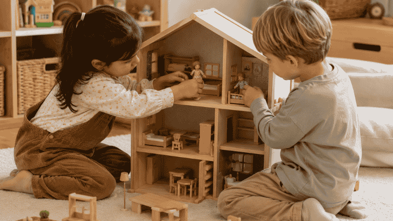 Two 4-year-old children playing cooperatively with a wooden dollhouse, moving small figures through the rooms
