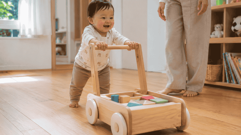One-year-old toddler pushing a wooden walker wagon while learning to walk on a hardwood floor