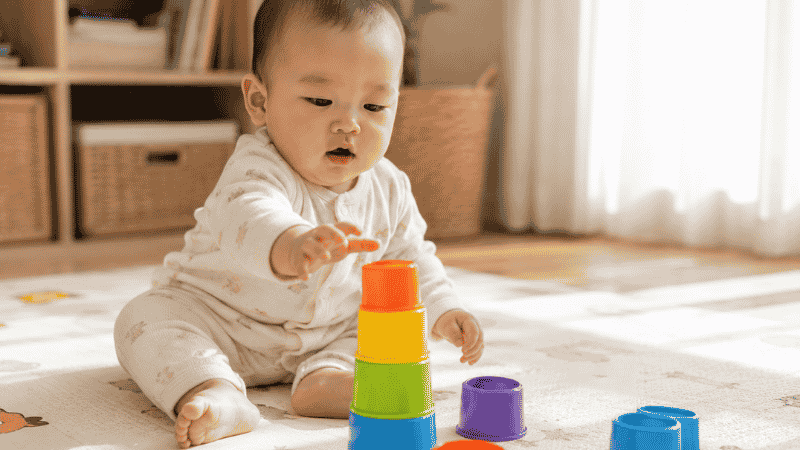 A 7-month-old baby reaching toward colorful stacking cups on a soft play mat, exploring sensory and cause-and-effect play