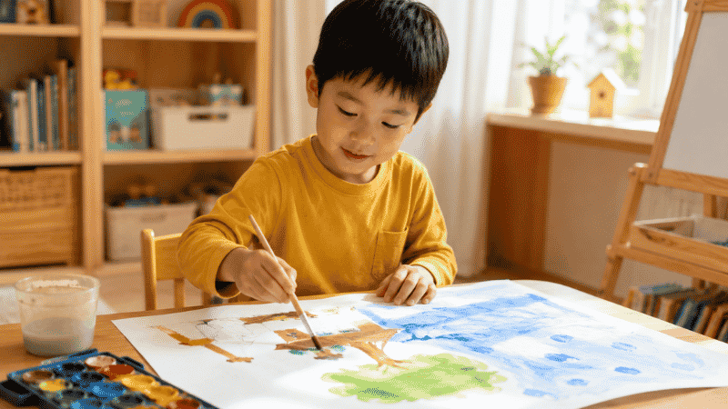 A 5-year-old child carefully painting with watercolors on a large sheet of paper at a child-sized table in bright natural light