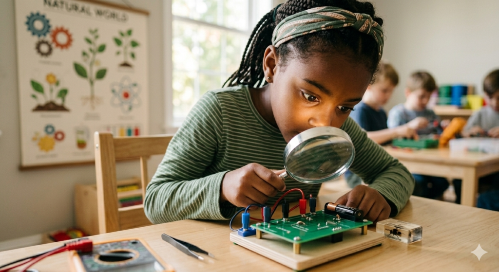A young girl engaging with children's STEM toys to explore scientific concepts.