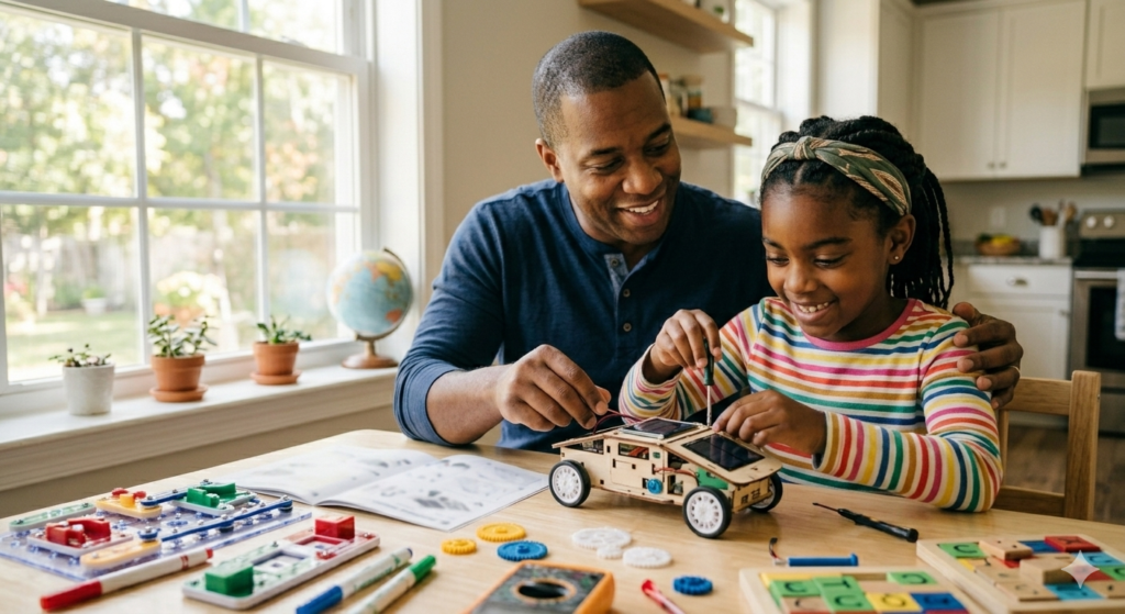 Parent and child collaborating on a solar-powered STEM project at home.