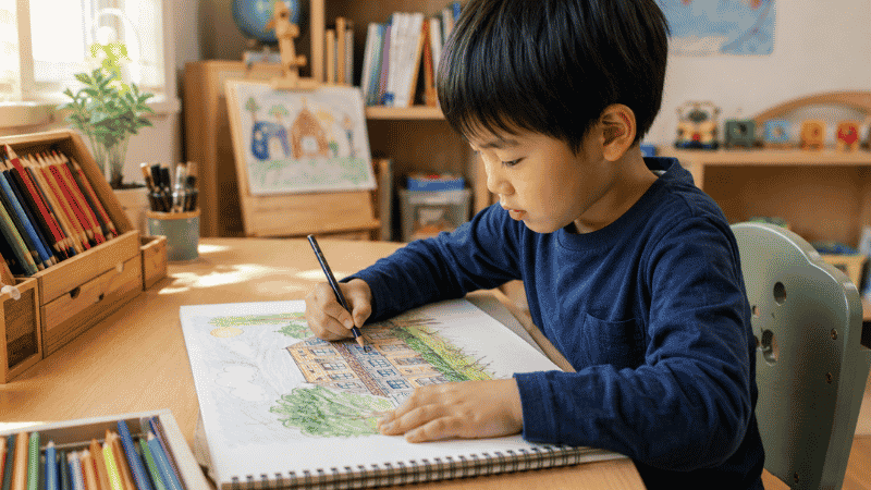 A 6-year-old child carefully drawing with colorful pencils in a large sketchbook at a child-sized desk in warm natural light