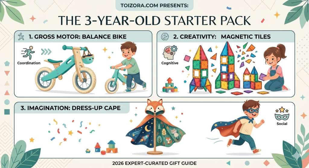 Expert-curated 3rd birthday gift guide featuring a balance bike, magnetic tiles, and a dress-up cape
