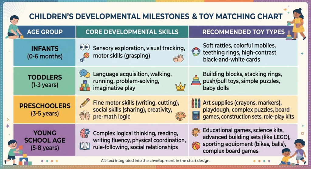 Infographic table comparing age groups, core developmental skills, and recommended toy types