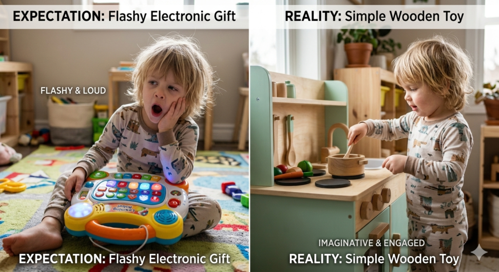 Comparison showing a bored child with an electronic toy versus an engaged child with a wooden kitchen set