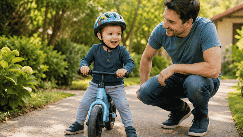 A cheerful 2-year-old toddler sitting on a small balance bike wearing a colorful helmet on a garden path with a parent crouching nearby