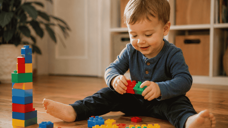 A 2-year-old toddler sitting on a wooden floor connecting large colorful DUPLO bricks with a satisfied smile, a small tower built beside them