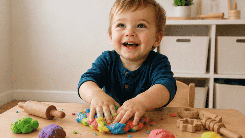 A 2-year-old toddler pressing hands happily into colorful play dough at a small table, smiling up with simple wooden tools nearby