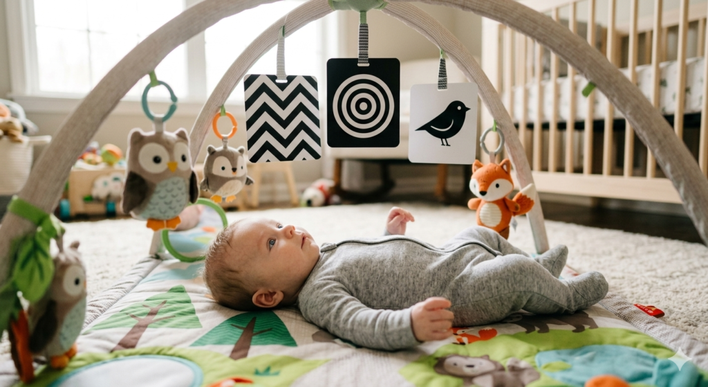 Newborn infant looking at high-contrast black and white baby toys for visual development.