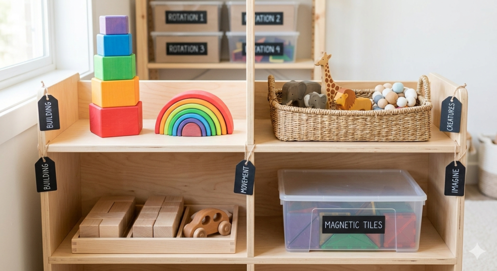 Effective toy rotation system on a clean shelf to keep kids engaged with long-lasting toys