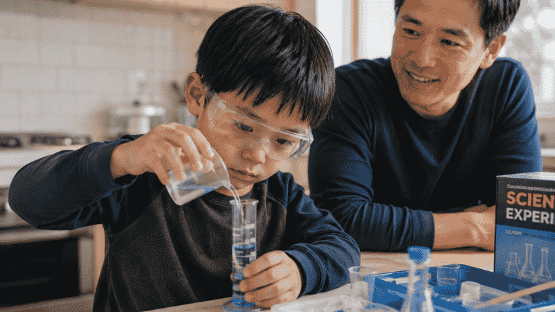 A 9-year-old child wearing safety goggles carefully conducting a science experiment at home with a parent watching nearby