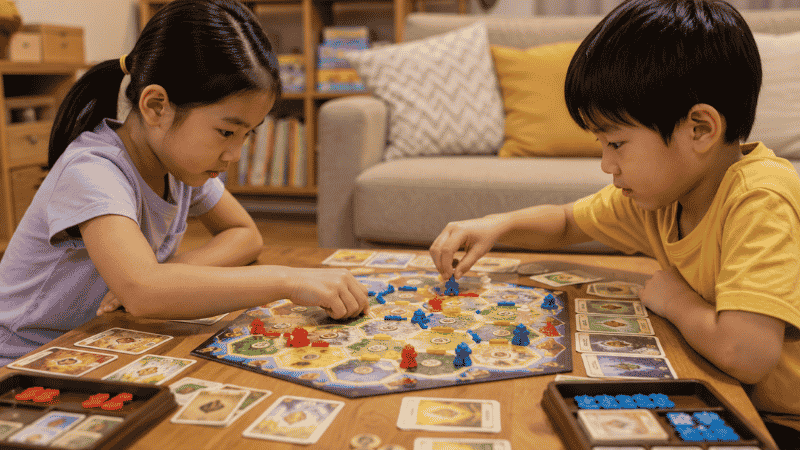 Two 6-year-old children playing a colorful strategy board game at a low wooden table, both leaning forward in focused competitive play