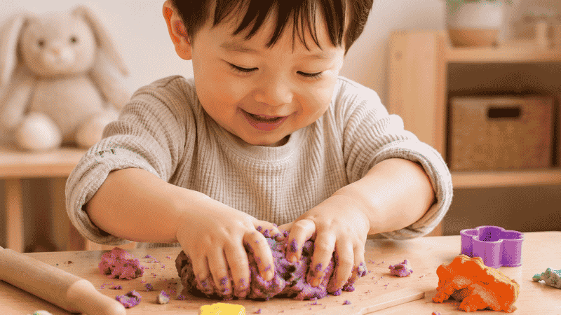 A 3-year-old child sitting at a small table with both hands in colorful play dough, rolling and squeezing with focused concentration