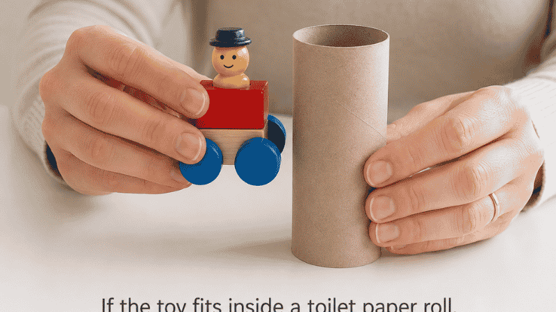 A parent demonstrating the toilet paper roll choking hazard safety test by holding a wooden toddler toy next to the tube on a white surface
