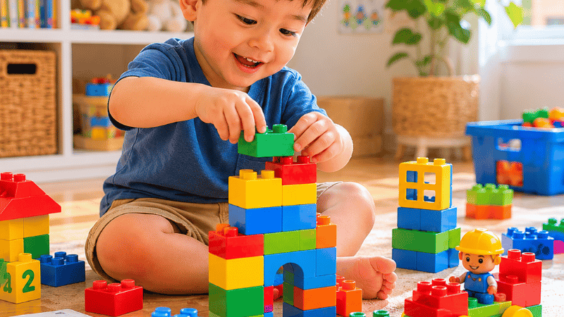 A 2-year-old toddler sitting on a wooden floor connecting large colorful DUPLO bricks with both hands to build a tower