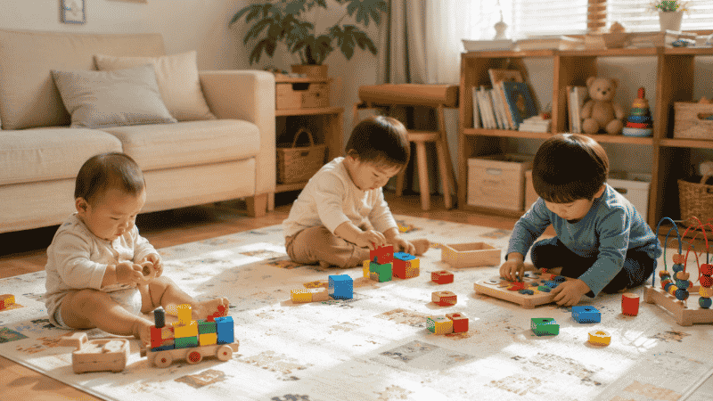 Three toddlers of different ages playing independently with simple toys on a large soft play mat in a warm living room