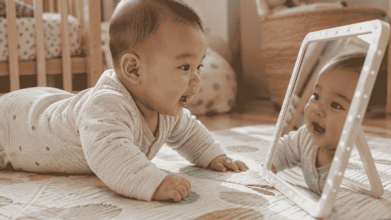 A 6-month-old baby doing tummy time on a soft mat, pushing up on arms and looking at a small mirror for visual engagement and development
