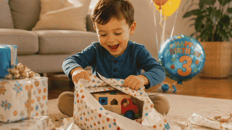 A happy 3-year-old child excitedly unwrapping a colorful birthday gift on a living room rug with balloons in the background