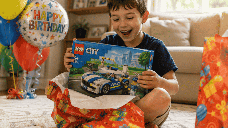 A happy 5-year-old child sitting on a rug excitedly unwrapping a colorful birthday gift to reveal a LEGO box inside with balloons in the background