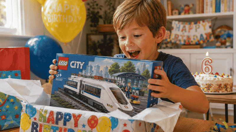 A happy 6-year-old child excitedly opening a birthday gift box to reveal a LEGO set with balloons and a birthday cake in the background