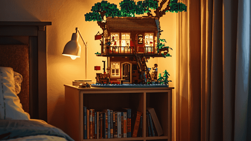 A completed LEGO Ideas Tree House set displayed prominently on a white bookshelf in a clean, modern child’s bedroom.