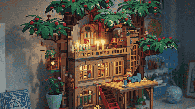 A completed LEGO Ideas Treehouse model sitting proudly on a bedroom bookshelf, used as a piece of sophisticated room decor.