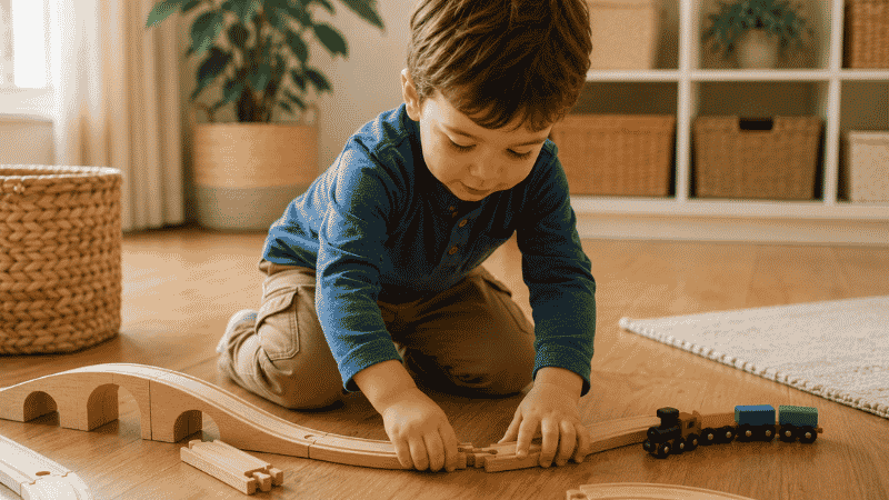 A 3-year-old boy kneeling on a wooden floor carefully connecting wooden train track pieces together with a small wooden train nearby