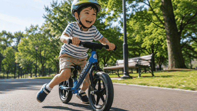 A confident 4-year-old child riding a balance bike on a sunny park path wearing a bright helmet and smiling broadly