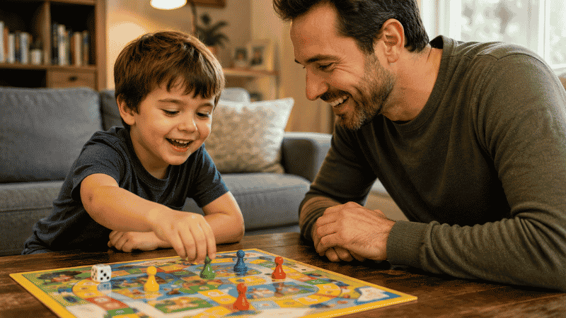 A 4-year-old child and parent sitting across from each other at a coffee table smiling while playing a colorful board game together
