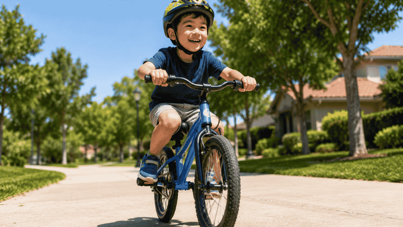 A confident 5-year-old child riding a two-wheel pedal bike without training wheels on a sunny path wearing a colorful helmet and smiling broadly