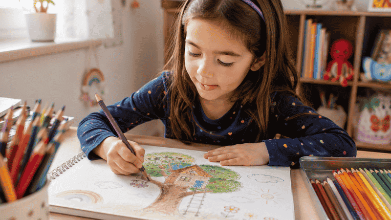 A 6-year-old girl carefully drawing with colored pencils in a large sketchbook at a small desk with art supplies arranged nearby